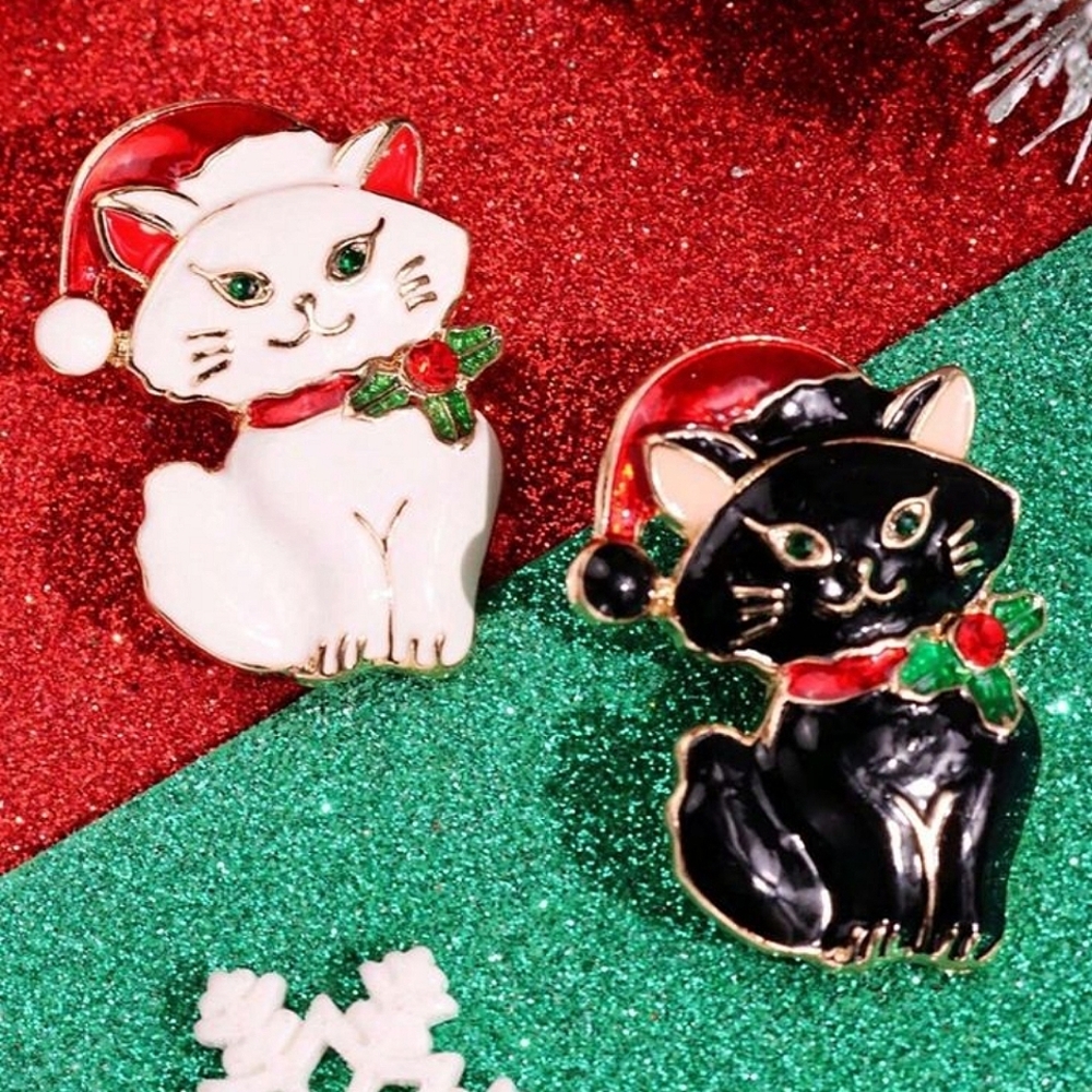 Festive Cat Brooch with Red Santa Hat In White, NWT